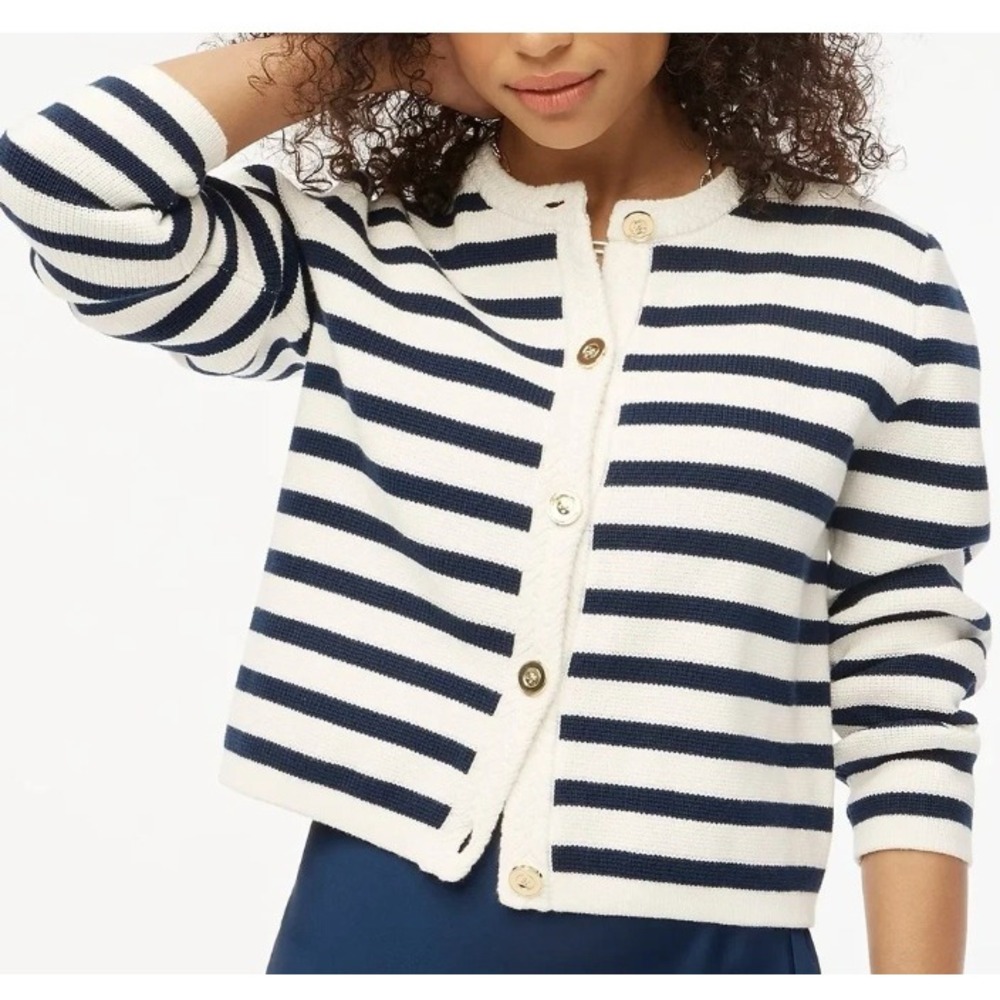 J. CREW Emilie sweater lady jacket in stripe cream and blue | SZ: M